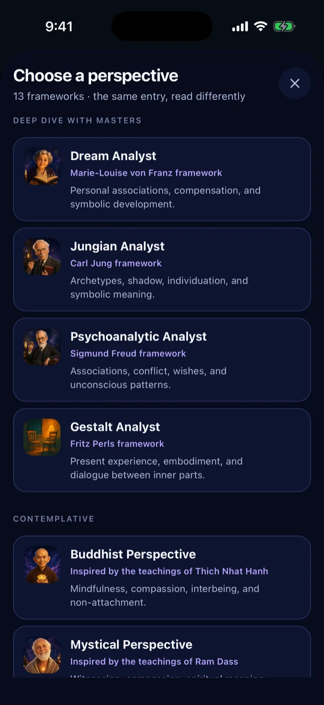 The perspective picker: thirteen named frameworks, each credited to the school or teacher it draws on.