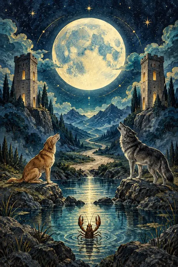 The Moon: a full moon over two towers, a dog and a wolf howling either side of a winding path, and a crayfish rising from the pool below.