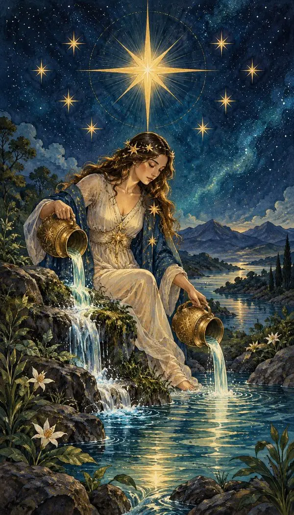 The Star: a woman kneeling beside a pool under a great eight-pointed star, pouring water from two golden jugs.