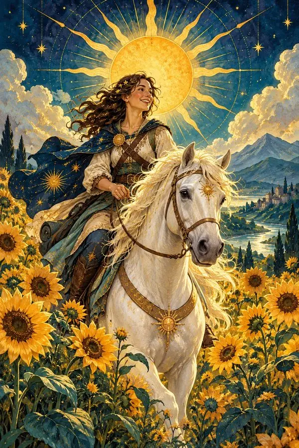 The Sun: a smiling rider on a white horse in a field of sunflowers, beneath a large golden sun.